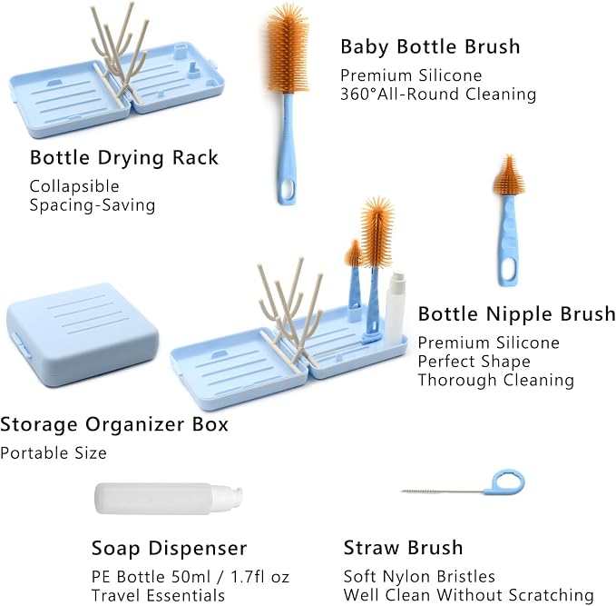 Portable Baby Bottle Brush Kit Premium Silicone Bottle Cleaner Brush, Nipple - Image 2