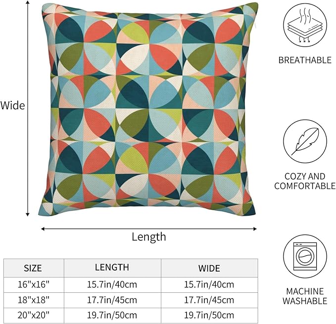 bassyil Geometric Mid Century Modern Colors Throw Pillow Covers Decorative Linen Pillow Cases Set of 2 Square Cushion Cover for Couch Sofa Bedroom Patio 18x18 Inch