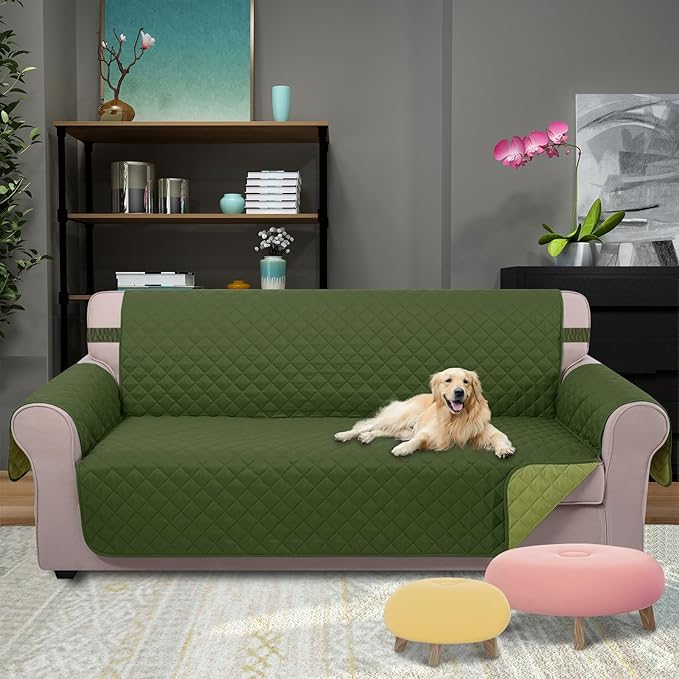 U-NICE HOME Large Sofa Cover Reversible Couch Cover for Dogs with Elastic Straps Water Resistant Furniture Protector for Pets Couch Cover for 4 Cushion Couch (Oversized Sofa, Huntergreen/Sage)