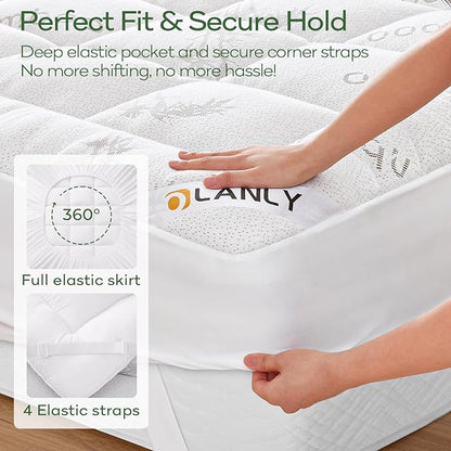 OLANLY Queen Mattress Topper – Viscose Made from Bamboo, Cooling Soft Queen Pillow Top Mattress Pad for Back Pain Relief, Plush Down Alternative Fill Bed Topper with Elastic Deep Pocket, White