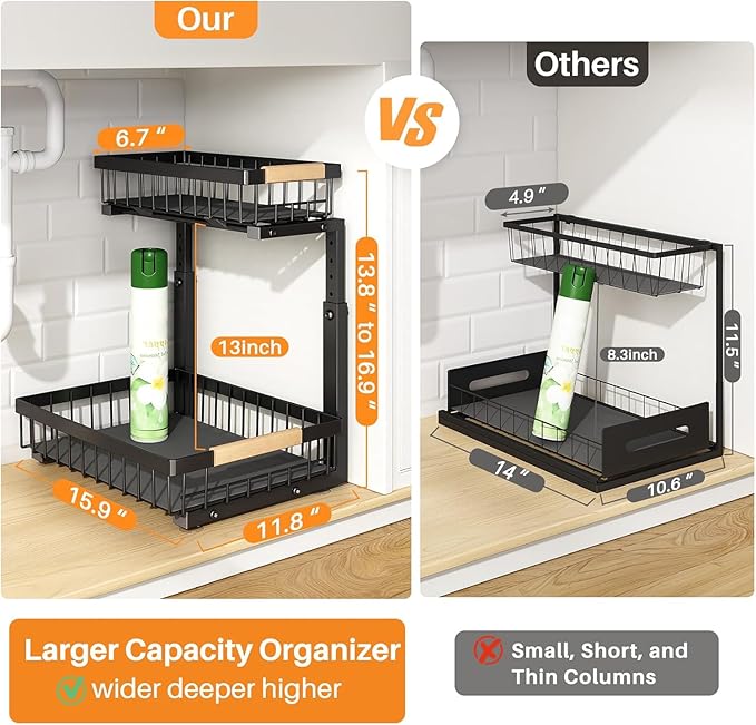 PXRACK Large Under Sink Organizer, Adjustable Height, 2-Tier Slide Out - Image 2