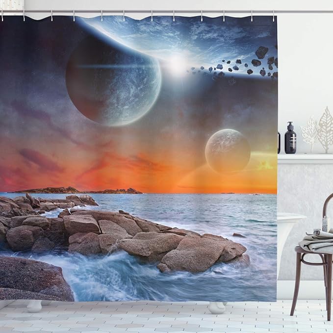 Ambesonne Galaxy Shower Curtain, Planet Landscape View from a Rocky Beach Ocean by Ambesonne