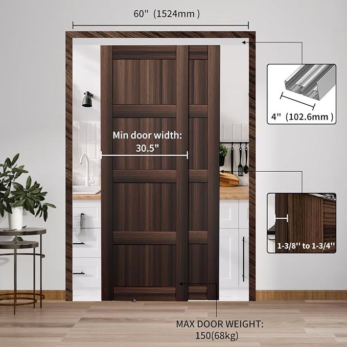 Heavy Duty Bypass Sliding Closet Door Track Hardware 60", 5FT Aluminium Pocket - Image 2