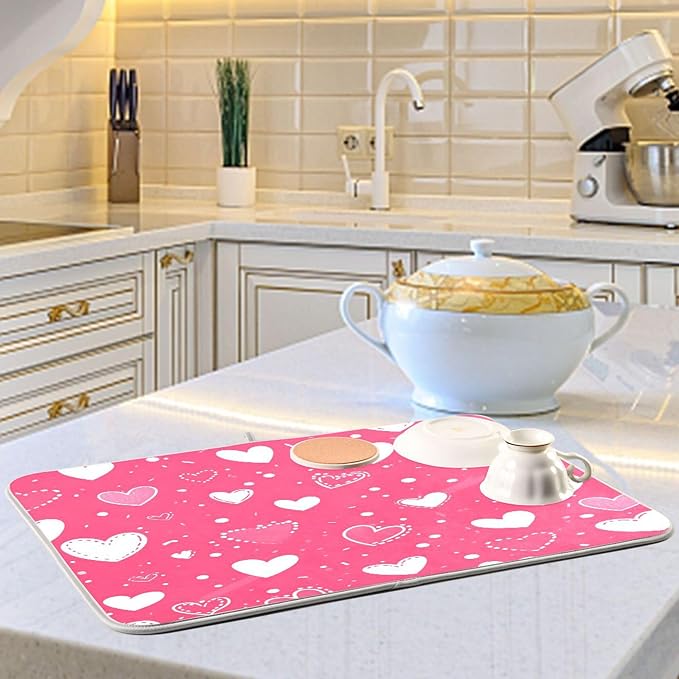 Hot Pink Love Dish Drying Mat for Kitchen Countertop 16x18 Happy Valentine’s - Image 6