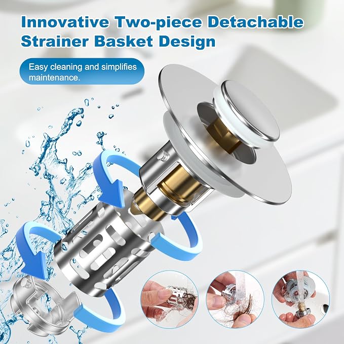 Hibbent Universal Bathroom Sink Drain Strainer, Upgraded 3 in 1 Pop Up Stopper - Image 2