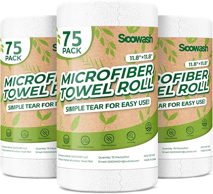 Microfiber Cleaning Cloths Roll, 225 Pack Tear Away Microfiber Towels Roll by SOOWASH