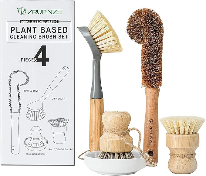 Natural Bamboo Dish Brush Bottle Scrub Brush 4-Piece Set, by VRUPINZE