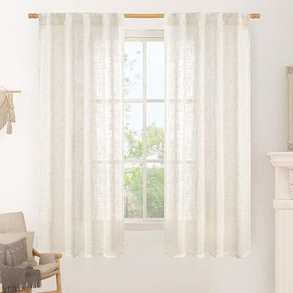 LAMIT Cream Linen Semi Sheer Curtains 63 Inch for Bedroom, Light Filtering Neutral Window Curtains Farmhouse Boho Back Tab and Rod Pocket Panels, 2 Panels, 38 x 63 Inch