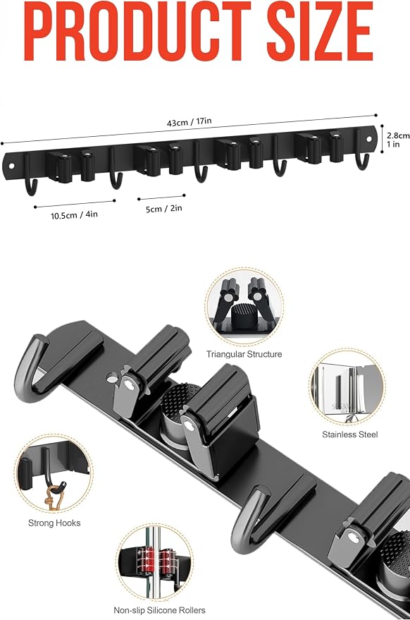 Mop and Broom Holder Wall Mount, Upgraded Broom Hanger Wall Mount, Stainless - Image 5