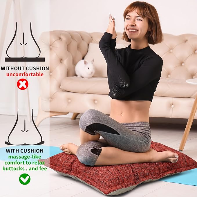 SINSOSSO Large Floor Pillow 22", Thickened Bite-Size Memory Foam Square Non-Slip Cushion for Office Back Support/Indoor Yoga/Chair Seat, Fashionable Color-Blocked Fabric & Washable, Red, 1 PCS