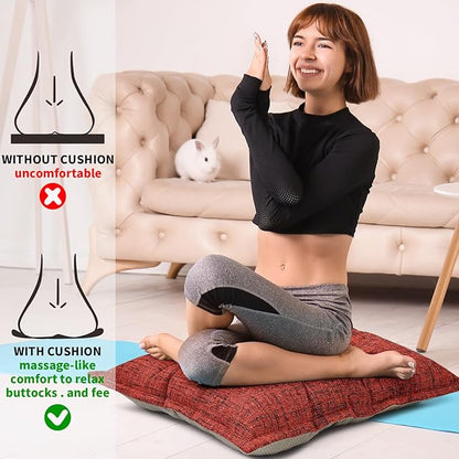 SINSOSSO Large Floor Pillow 22", Thickened Bite-Size Memory Foam Square Non-Slip Cushion for Office Back Support/Indoor Yoga/Chair Seat, Fashionable Color-Blocked Fabric & Washable, Red, 1 PCS