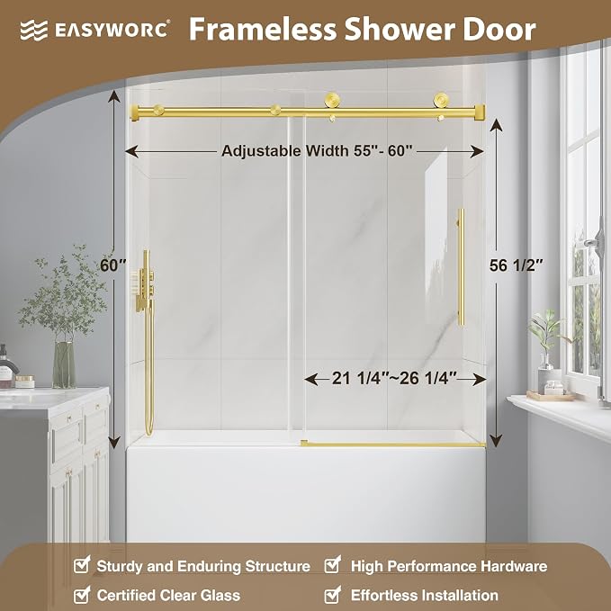 Bathtub Shower Door Frameless, 55-60" W x 60" H Sliding Tub Shower Door - Image 4