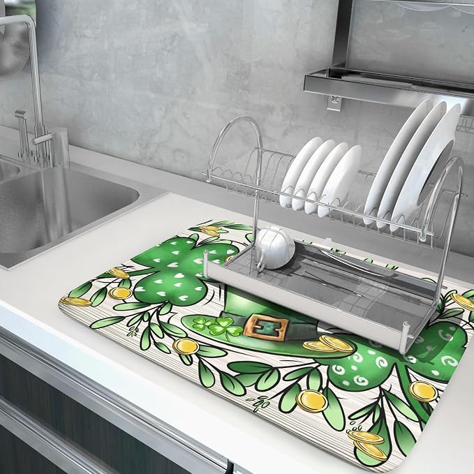 St Patrick's Day Shamrock Dish Drying Mat 18x24 inch Eucalyptus Leaves Dishes - Image 5