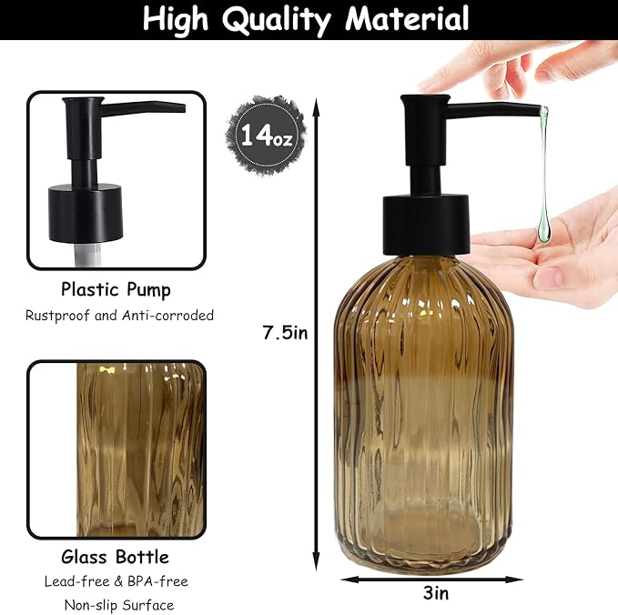 Black Pump Glass Soap Dispenser, 13.5oz Brown Stripe Countertop Refillable - Image 2