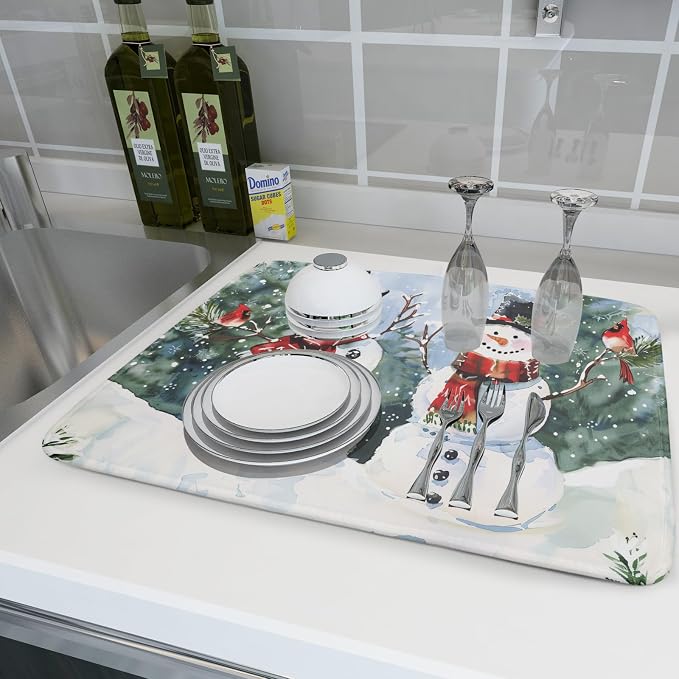 Winter Dish Drying Mat 18 x 24 Inch Xmas Snowman Pattern Dish Drying Pad - Image 6