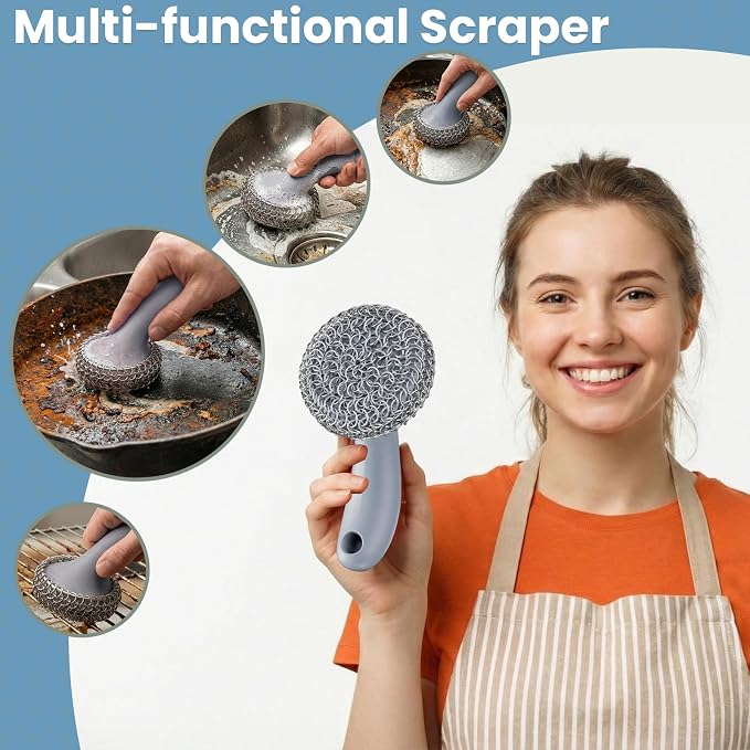 Cast Iron Scrubber with Long Handle | 316 Cast Iron Cleaner Chainmail Scrubber - Image 3