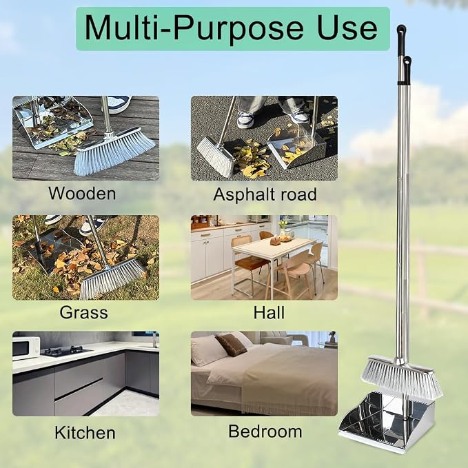 Metal Dustpan with Soft Bristles Broom Heavy Duty Stainless Steel Upright - Image 3