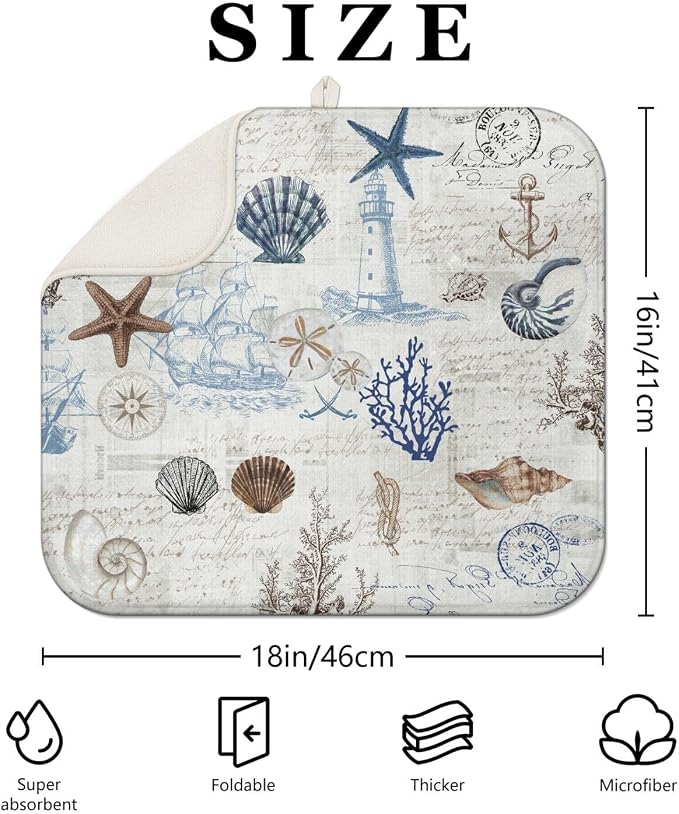 Ocean Dish Drying Mat for Kitchen Countert, Coastal Theme Farmhouse Style - Image 2
