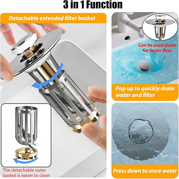 3 in 1 Pop Up Bathroom Sink Stopper, Bathroom Sink Drain Strainer, - Image 3