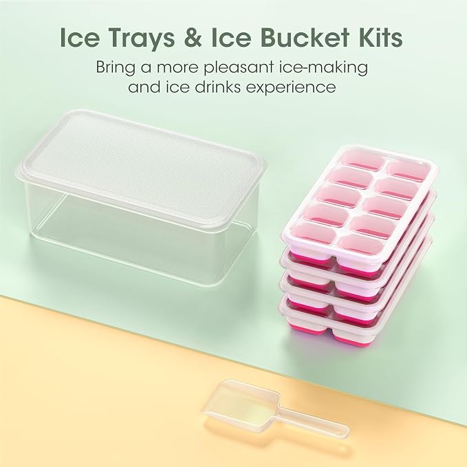 DOQAUS Ice Cube Tray with Lid and Bin, 4 Pack Silicone Plastic Ice Cubes Trays - Image 8