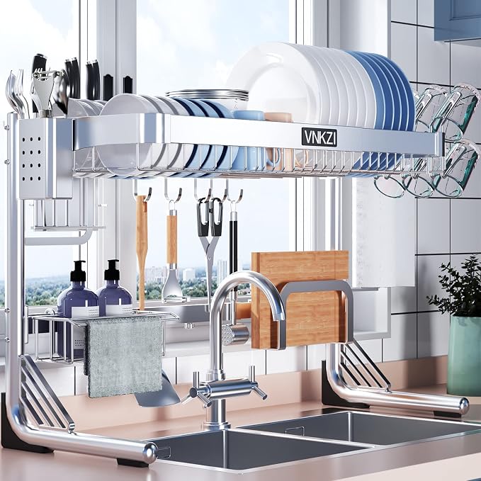 VNKZI Over Sink Dish Drying Rack, 2 Tier Full Stainless Steel Storage by VNKZI