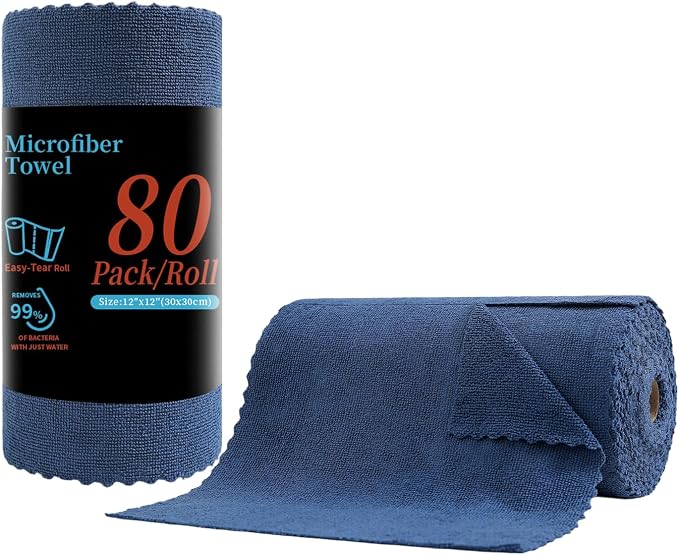 80 Pack Microfiber Cleaning Cloth Roll, Lint Free Rags & Tear Away Reusable by Tigona