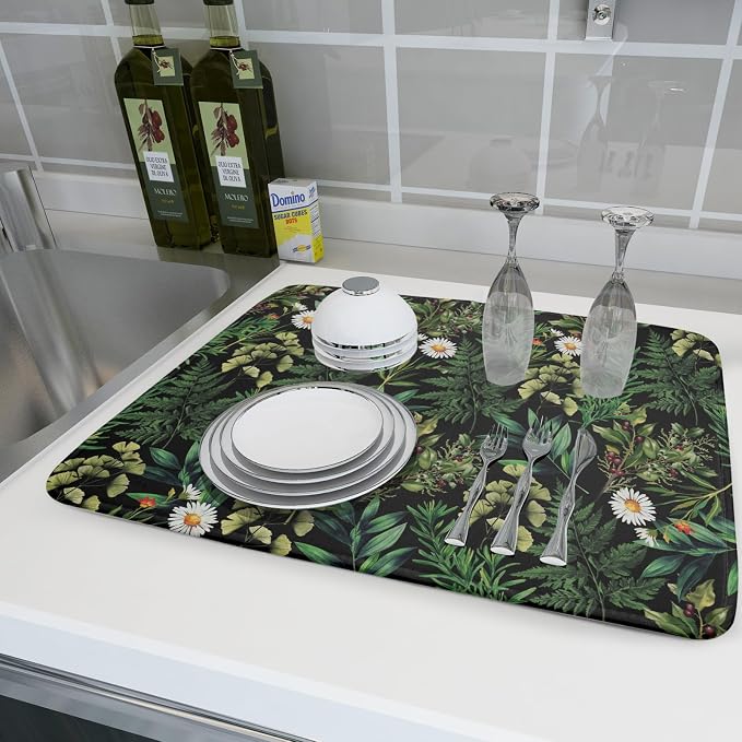 Green Botanical Dish Drying Mat 18x24 Inch Plant Leaf Fast Dry Dish Drainer - Image 6