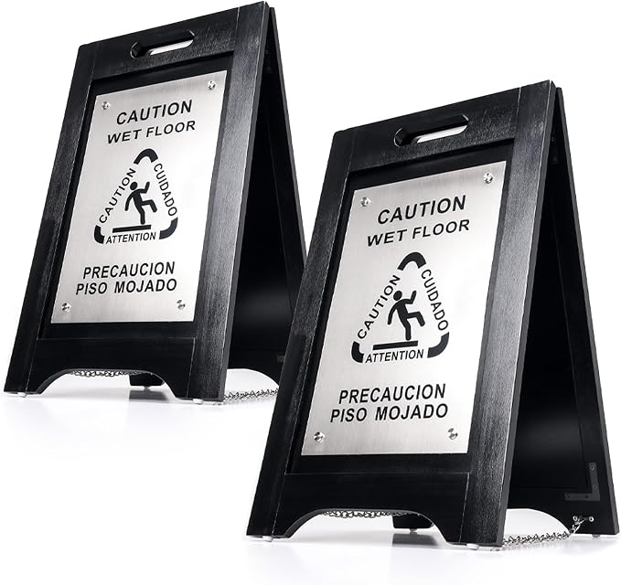 Premium Wooden Caution Wet Floor Sign – Bilingual w/Non-Skid Plastic Feet – by WholesaleHotelProducts