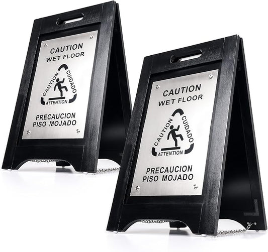 Premium Wooden Caution Wet Floor Sign – Bilingual w/Non-Skid Plastic Feet – by WholesaleHotelProducts