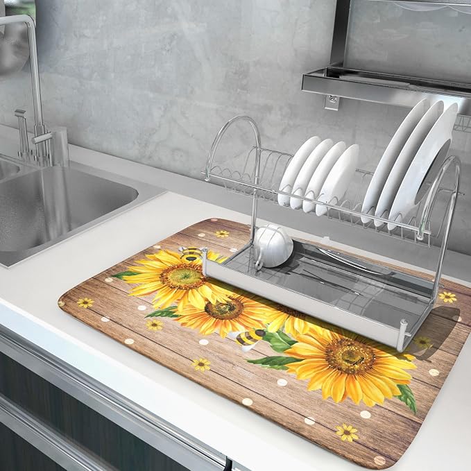 Sunflower Bee Dish Drying Mat for Kitchen Counter Home 18x24 Inch Wood Barn - Image 5