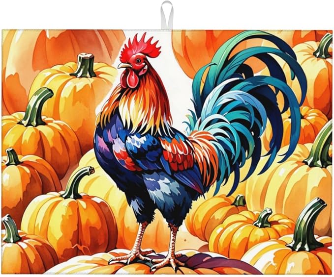 Rooster Pumpkin Dish Drying Mat Highly Absorbent Double-Sided Microfiber by Ovitssrk