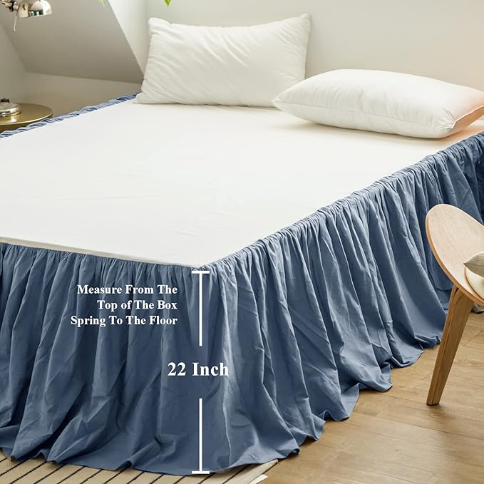 BISELINA French Linen Bed Skirt with Pleated Frills 22-Inch Tailored Drop Natural Flax Cotton Blend Dust Ruffle Soft Cozy Farmhouse Bedding (22" King, Navy Blue)