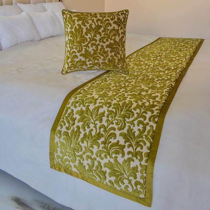 The HomeCentric King/Queen/Twin Chartreuse Decorative Full 68"x18" Bed Runner with Pillow Cover, Velvet, Floral Pattern Bed Scarf on Velvet Fabric - Enchanted Chartreuse