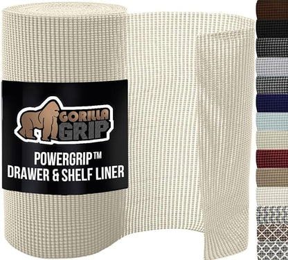 GORILLA GRIP powerGRIP Drawer Shelf and Cabinet Liner, Thick Strong Hold, Non-Adhesive Liners Protect Kitchen Cabinets and Cupboard, Bathroom Drawers, Easy Install, Breathable Mat, 17.5" x20', Cream
