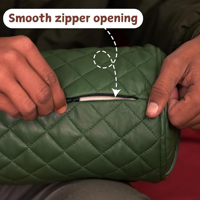 Neck Roll Pillow Cushion Cover, 14x5 Inch Full Moon Round Bolster Pillow Case, Cylinder Soft Lambskin Leather Pillowcase for Head, Spine & Neck Support During Sleep - Quilted Dark Green Pack of 1