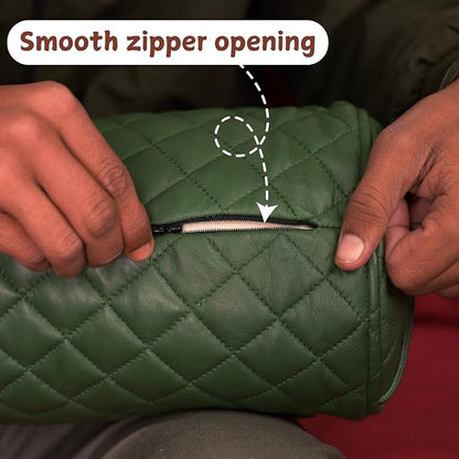 Neck Roll Pillow Cushion Cover, 20x7 Inch Full Moon Round Bolster Pillow Case, Cylinder Soft Lambskin Leather Pillowcase for Head, Spine & Neck Support During Sleep - Quilted Dark Green Pack of 2