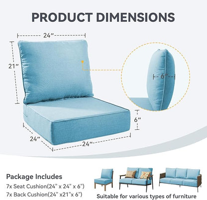 Outdoor Cushion Set for Furniture Patio Furniture, UV Resistant, Water Resistant - 6 Inch Thick Foam Garden Cushions– 24x24 Inch Patio Seat Covers for Chair/Sofa/Couch | Light Blue | 7-Pack |