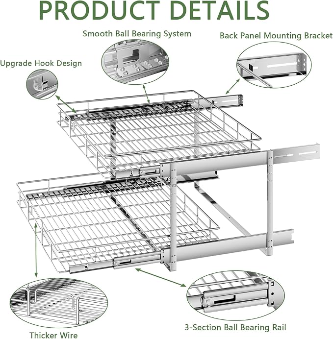 2 Tier Individual Pull Out Cabinet Organizer 30" W x 21½" D, Heavy Duty Cabinet - Image 7