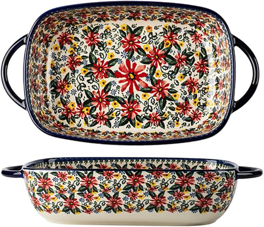 Red Daisy Flower Vintage Style Ceramic Bakeware Casserole Dish Baking Pan by Bicuzat