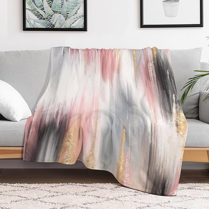 Fashion Gradient Blanket, Modern Art Baroque Gold Grey Pink Painting Strokes Pattern Soft Warm Cozy Plush Flannel Covers for Livingroom Bedroom Couch Chair Camping Travel Home Decor Tapestry 50x60in