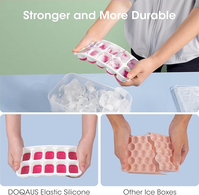 DOQAUS Ice Cube Tray with Lid and Bin, 4 Pack Silicone Plastic Ice Cubes Trays - Image 6