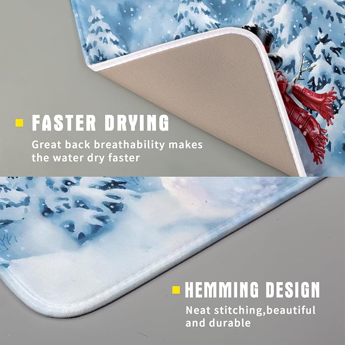 Blue Snowman Dish Drying Mat Winter Pine Tree Drainer Rack Mats 16x18 Inch - Image 3