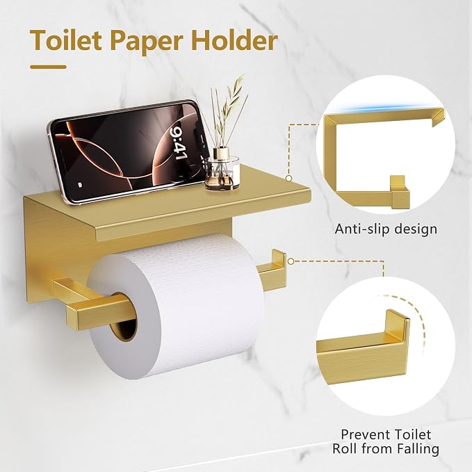 TQKAG 5-Pieces Brushed Gold Bathroom Hardware Accessories Set 23.6" SUS304 - Image 3