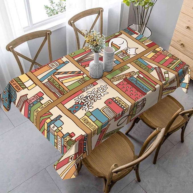 Books on Bookshelf Rectangular Tablecloth Cute Sleeping Cat Kitten in Library by Unknown