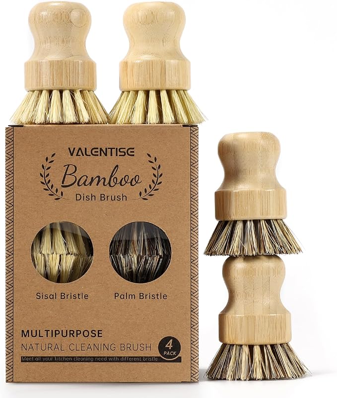 4 Pack Bamboo Dish Brush Set, Natural Palm Dish Scrubber by VALENTISE