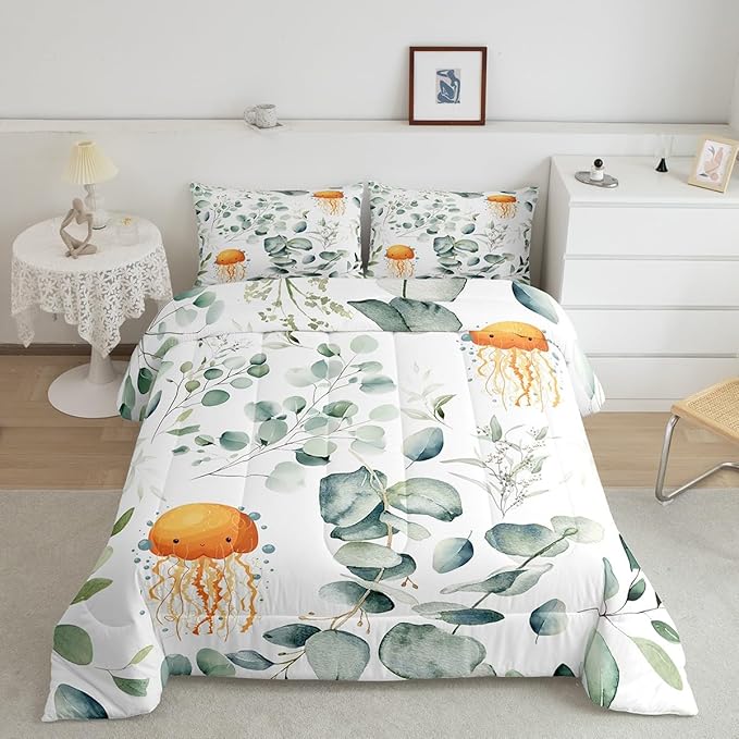 Erosebridal Kawaii Jellyfish Bedding Queen Size for Boys Girls Cartoon Animal Comforter Set Queen, Eucalyptus Leaves Duvet Insert Ocean Wildlife Quilt Set, Tropical Plants Bedding Comforters & Sets