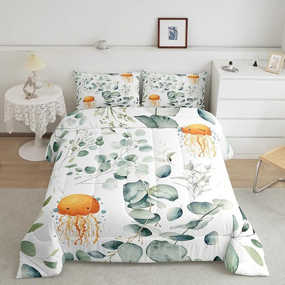 Erosebridal Kawaii Jellyfish Bedding Queen Size for Boys Girls Cartoon Animal Comforter Set Queen, Eucalyptus Leaves Duvet Insert Ocean Wildlife Quilt Set, Tropical Plants Bedding Comforters & Sets