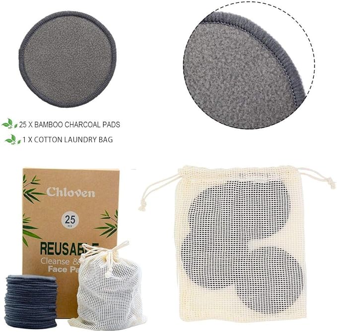 Chloven 25 Pack Charcoal Bamboo Reusable Makeup Remover Pads - Image 2
