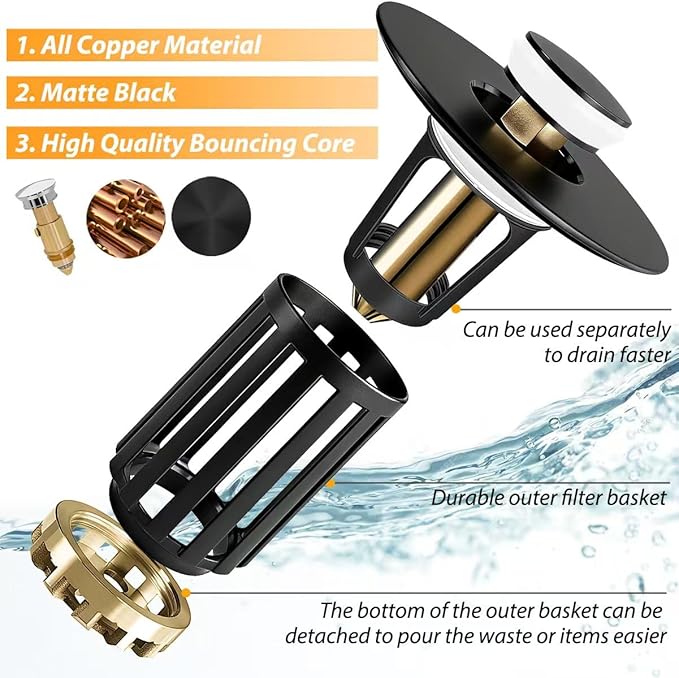 3 in 1 Pop Up Bathroom Sink Stopper, Bathroom Sink Drain Strainer, - Image 6