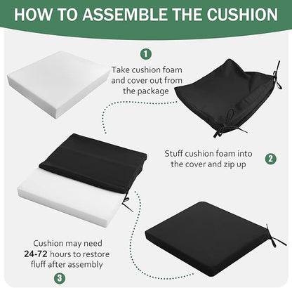 Outdoor Chair Cushions Set of 2: Waterproof & Fade Resistant Deep Seat Cushion for Patio Furniture - 24 x 24 x 3 Inch Chair Pads with Ties and Hidden Zipper - Patio Chair Cushion Replacement, Black